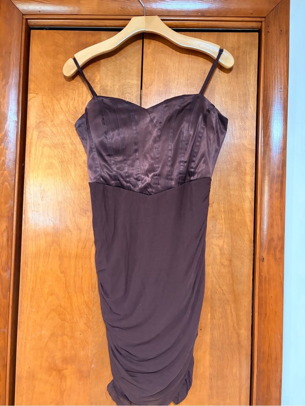 Elegant Brown Satin-Top Spaghetti Strap Dress